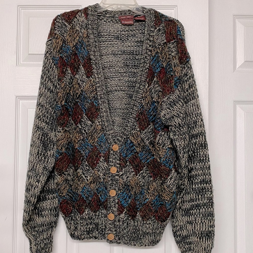 Vintage Grandpa Sweater Cardigan Argyle Oversized Chunky Sz M